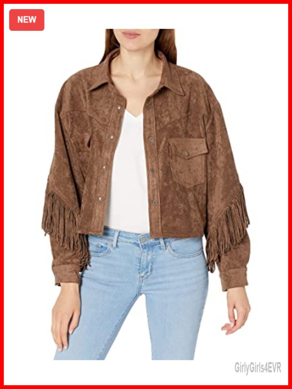 Faux Suede Fringe Jacket Snap Front Collared Long Sleeve